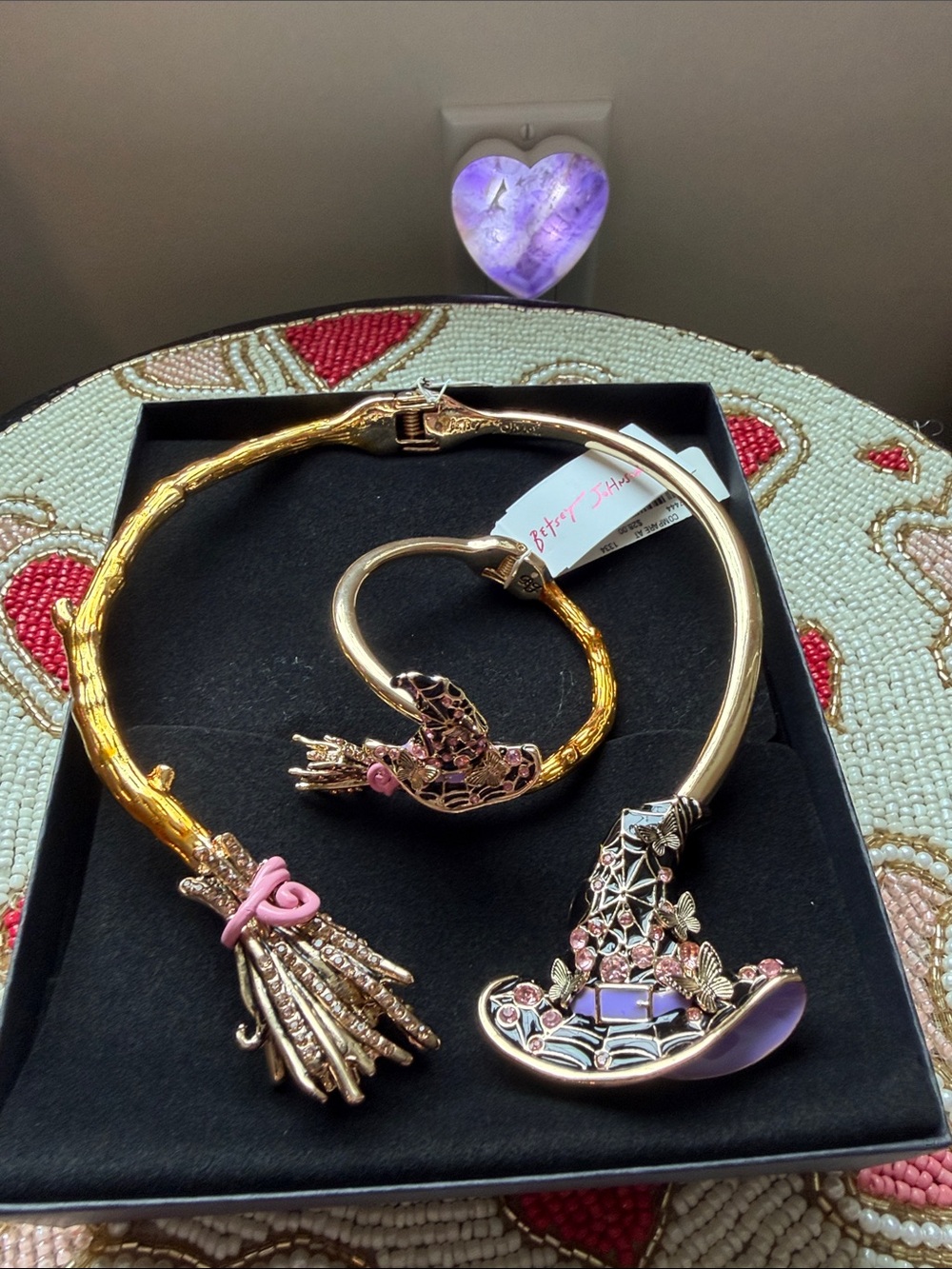 NWT-Betsy Johnson Gold Necklace & Matching Bracelet- fun Pink & Purple colors